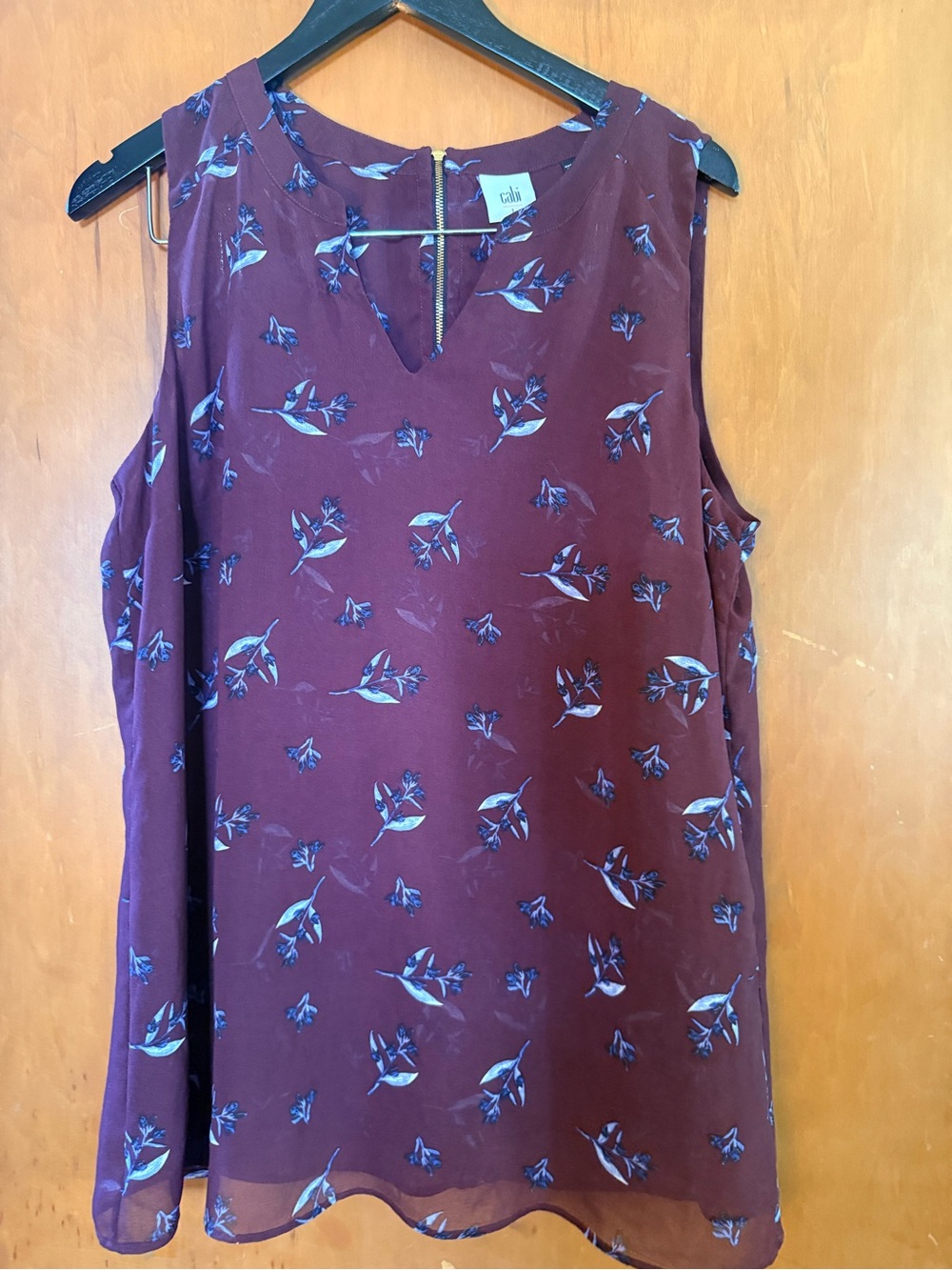 CAbi Plum Floral Print Top with Blue Accents and Gold Zip